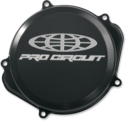 Pro Circuit clutch cover for Kawasaki and Suzuki motorcycles, durable metal clutch cover with branding and bolt mounting details.