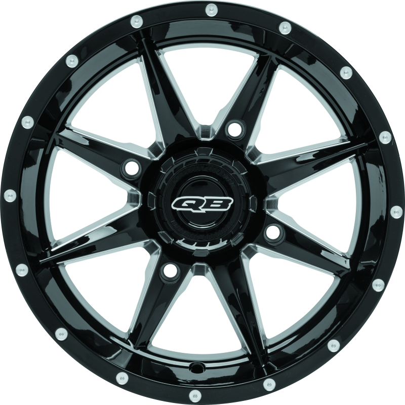 QuadBoss Slicer 14x7 PowerSports wheel with black center caps, showcasing durable off-road alloy wheel design