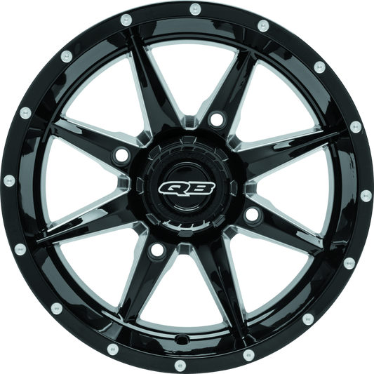 QuadBoss Slicer 14x7 PowerSports wheel with black center caps, showcasing durable off-road alloy wheel design