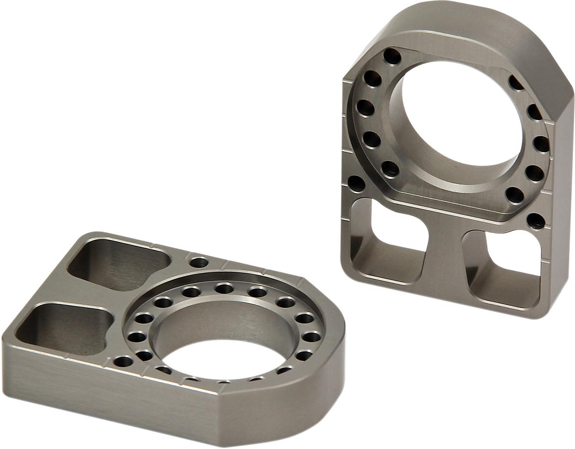 PRO CIRCUIT KAB17 axle blocks in natural aluminum for KX 250F and 450F motocross bikes, showing polished metallic finish.