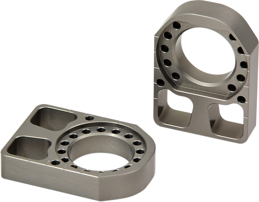 PRO CIRCUIT KAB17 axle blocks in natural aluminum for KX 250F and 450F motocross bikes, showing polished metallic finish.