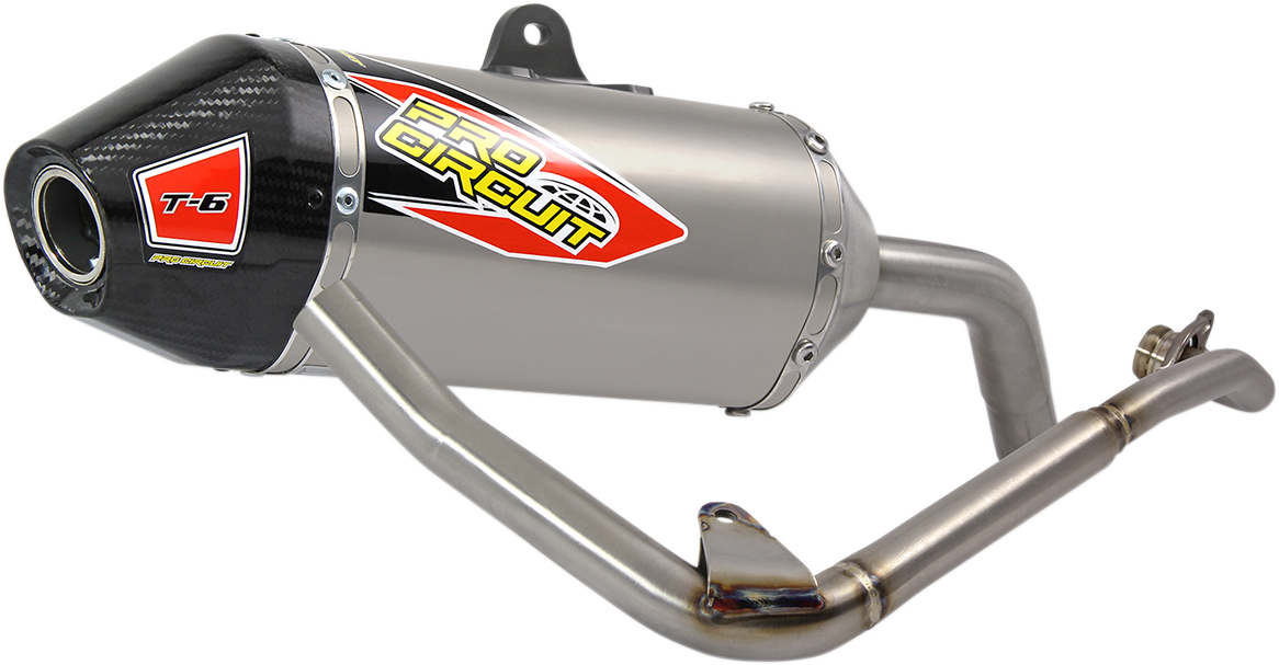 Pro Circuit T-6 Titanium Exhaust System for closed course competition motorcycle, featuring sleek titanium pipes for high performance.