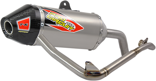 Pro Circuit T-6 Titanium Exhaust System for closed course competition motorcycle, featuring sleek titanium pipes for high performance.