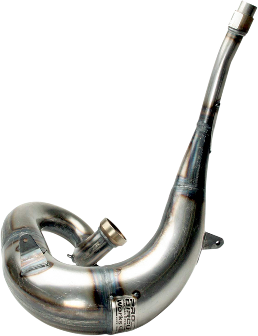 Pro Circuit Works Pipe PK05250 motorcycle exhaust system with bare metal finish, showcasing its high-performance design and sleek metal look.