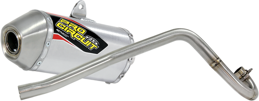 Pro Circuit T-5 exhaust system for motorcycles, showcasing the sleek, metallic exhaust pipe with branding and polished finish.