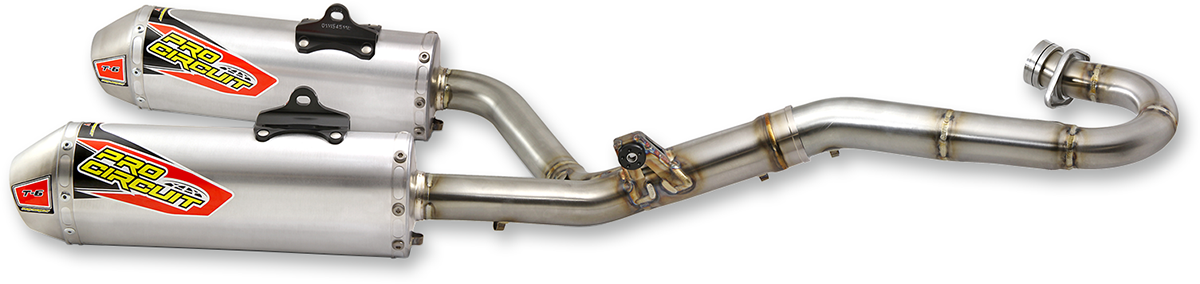 PRO CIRCUIT T-6 exhaust system with durable stainless steel and aluminum construction for off-road motorcycles.