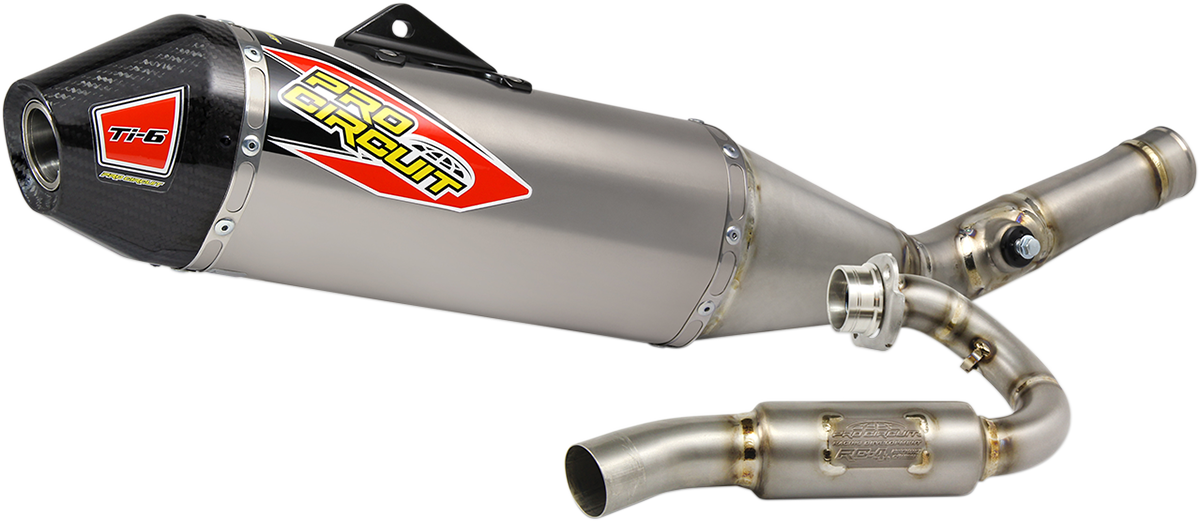 PRO CIRCUIT Ti-6 Exhaust system for off-road motorcycle, high-performance titanium motorcycle exhaust with sleek metal finish.