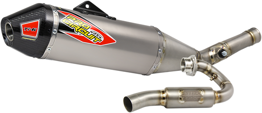 PRO CIRCUIT Ti-6 Exhaust system for off-road motorcycle, high-performance titanium motorcycle exhaust with sleek metal finish.