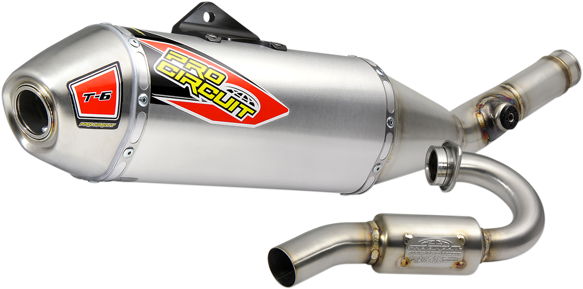 Pro Circuit T-6 exhaust system for off-road and closed course riding, shown in a close-up view with metallic finish.