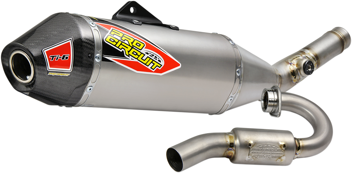 Pro Circuit Ti-6 exhaust system for off-road and racing bikes, shown in the image with sleek titanium design and mounting details.