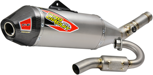 Pro Circuit Ti-6 exhaust system for off-road and racing bikes, shown in the image with sleek titanium design and mounting details.