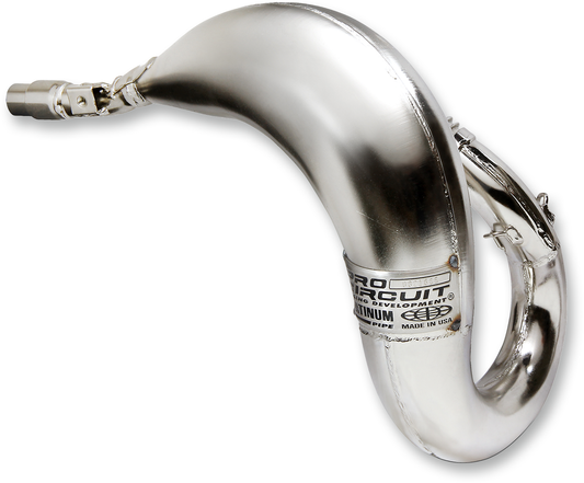 Pro Circuit Platinum Head Pipe 0821665 motorcycle exhaust component showing polished metal finish and mounting flanges.