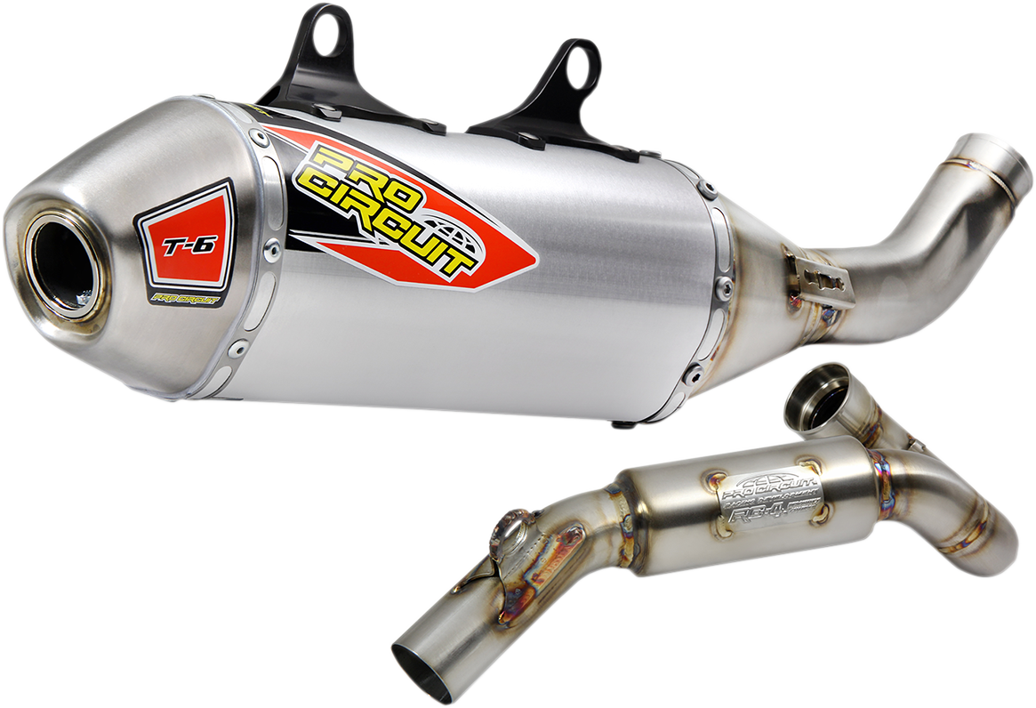PRO CIRCUIT T-6 stainless steel exhaust system for off-road and closed course riding, shown in the image.