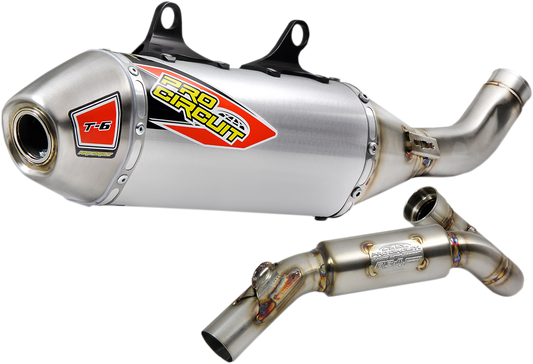 PRO CIRCUIT T-6 stainless steel exhaust system for off-road and closed course riding, shown in the image.