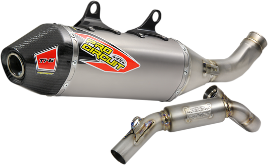 High-performance PRO CIRCUIT Ti-6 titanium motorcycle exhaust system with sleek metallic finish and compact design.