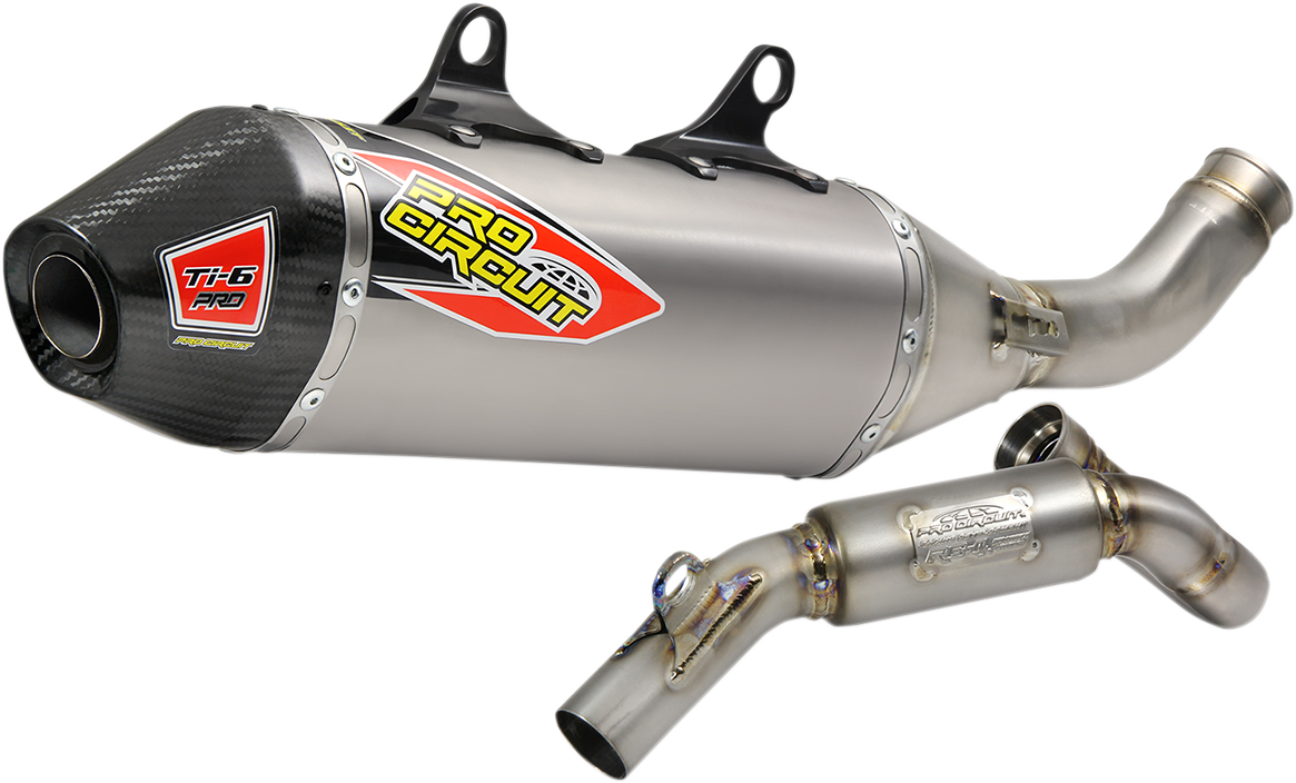 Pro Circuit Ti-6 Pro Exhaust System for AMA Supercross and Motocross bikes, showing the lightweight titanium construction and polished finish.