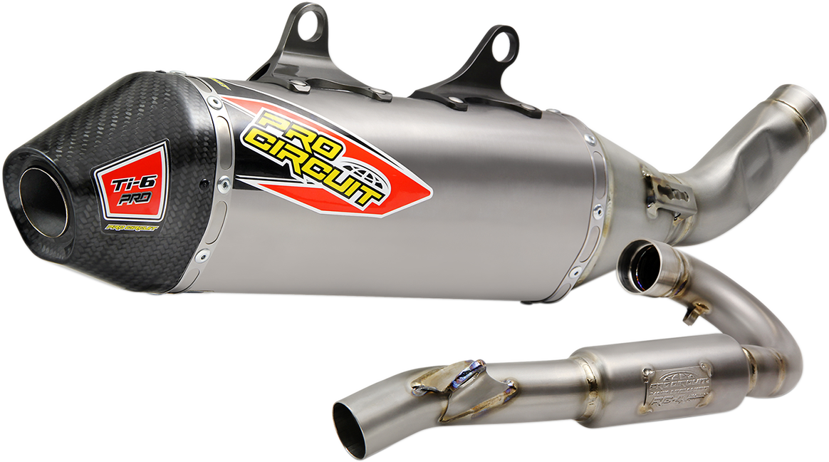 Pro Circuit Ti-6 Pro titanium exhaust system for AMA Supercross and motocross bikes, featuring sleek metallic design and branding.