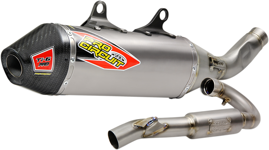 Pro Circuit Ti-6 Pro titanium exhaust system for AMA Supercross and motocross bikes, featuring sleek metallic design and branding.