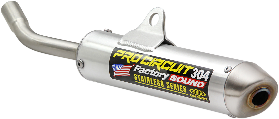 Pro Circuit 304 Silencer for two-stroke engines, showing the sleek metal design and branding for improved performance and noise reduction.