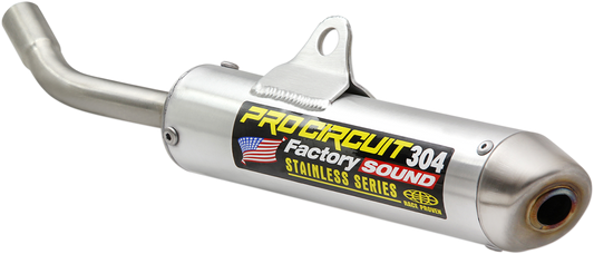 Pro Circuit 304 Silencer for two-stroke engines, showing the sleek metal design and branding for improved performance and noise reduction.