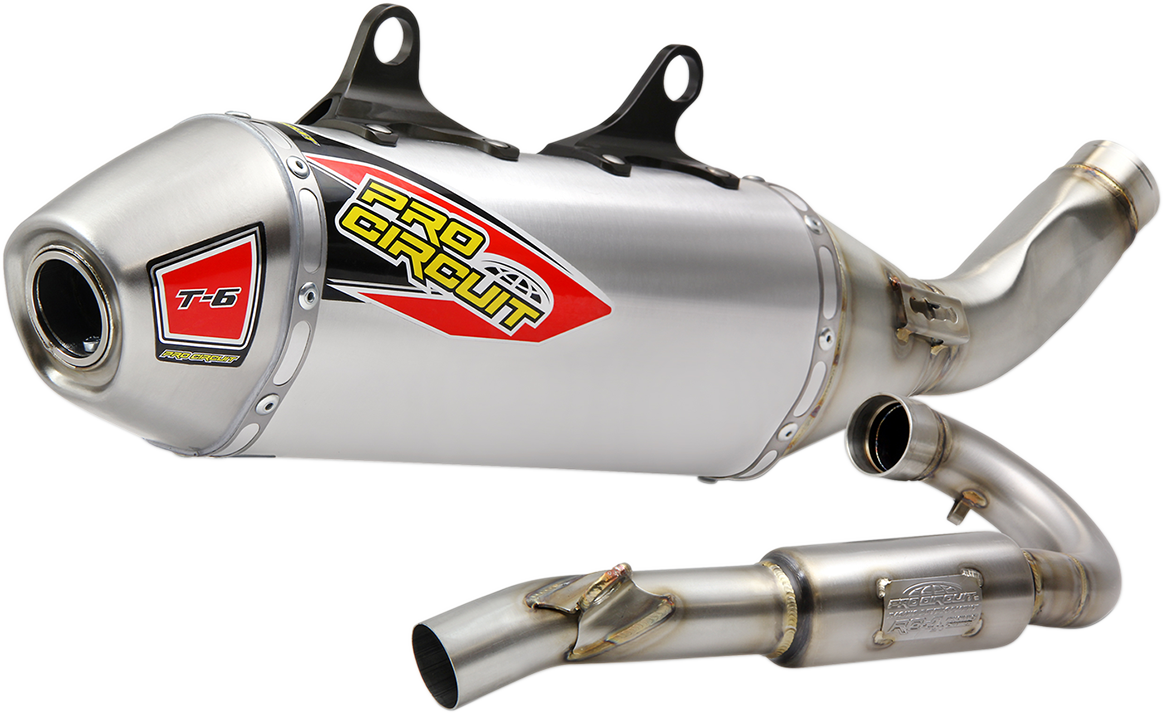 Pro Circuit T-6 stainless steel exhaust system for motorcycle, showcasing the polished performance upgrade and sleek design.