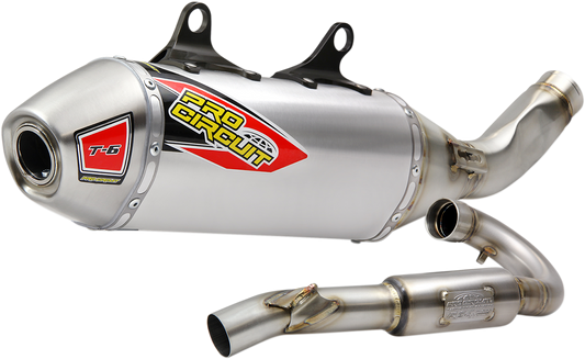 Pro Circuit T-6 stainless steel exhaust system for motorcycle, showcasing the polished performance upgrade and sleek design.