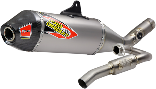 PRO CIRCUIT Ti-6 exhaust system for off-road bikes, showing the lightweight titanium construction and polished design.