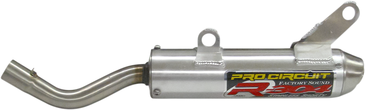 Pro Circuit R-304 Silencer SS04250-RE for two-stroke engines, showing the stainless steel muffler with branding details.