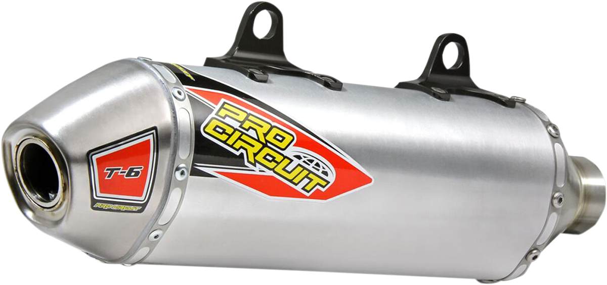 PRO CIRCUIT T-6 stainless steel slip-on muffler for motorcycles, showing the durable silencer with brand logo and sleek design.