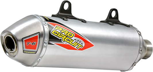 PRO CIRCUIT T-6 stainless steel slip-on muffler for motorcycles, showing the durable silencer with brand logo and sleek design.