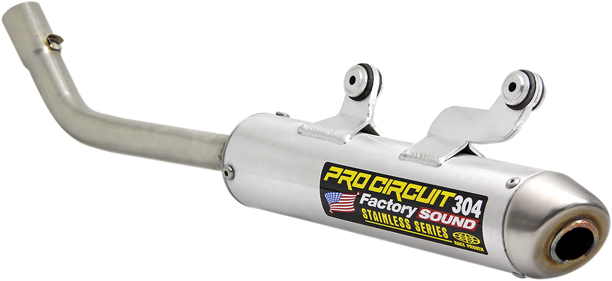 Pro Circuit 304 Silencer for dirt bikes, showcasing the lightweight, high-performance exhaust with sleek design and branding.