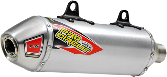 Stainless steel PRO CIRCUIT T-6 Muffler slip-on silencer for off-road motorcycles, featuring a sleek, polished design.