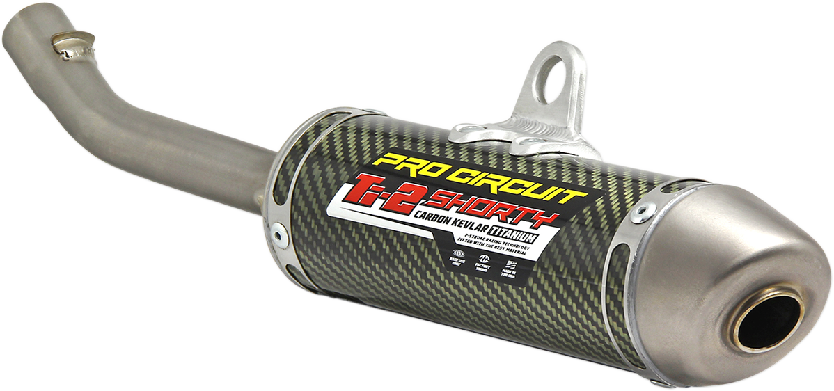 Pro Circuit Ti-2 Silencer for closed-course racing, shown in the image with a sleek metal finish and compact design.