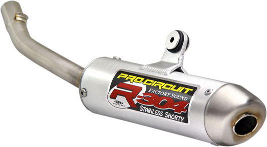 Pro Circuit R-304 two-stroke silencer for race performance, silver metal exhaust muffler with branding, designed for motocross bikes.