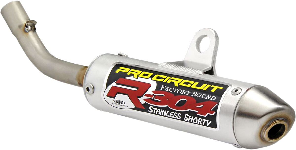 PRO CIRCUIT R-304 two-stroke silencer for closed-course racing, shown mounted on motorcycle exhaust system.