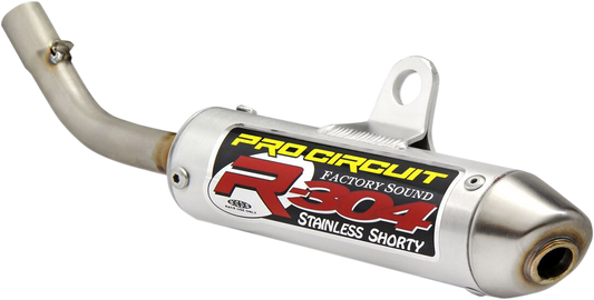 PRO CIRCUIT R-304 two-stroke silencer for closed-course racing, shown mounted on motorcycle exhaust system.
