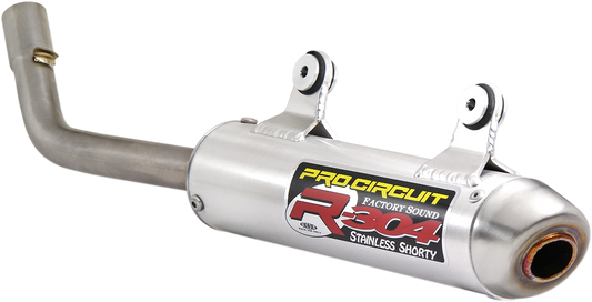 PRO CIRCUIT R-304 two-stroke silencer, compact aluminum race exhaust for closed-course racing, shown with sleek finish and mounting details.