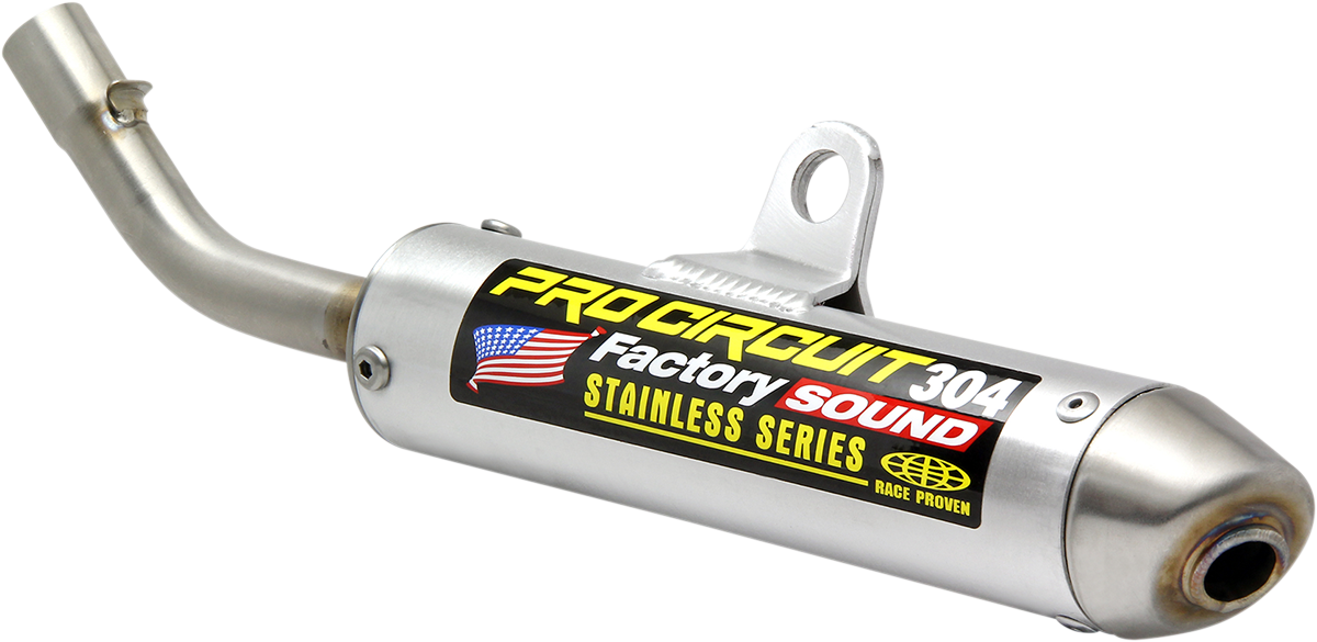 Pro Circuit 304 Silencer motorcycle exhaust system with sleek design and branding, enhancing motorcycle performance.
