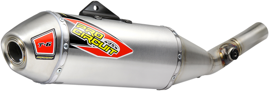 Pro Circuit T-6 muffler for Kawasaki KX250F 2017-2019, showing the stainless steel motorcycle exhaust component.