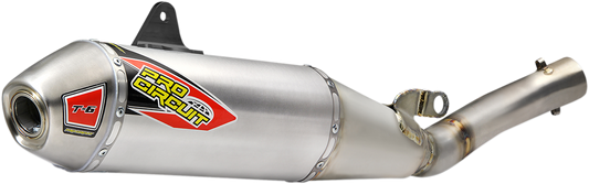 Pro Circuit T-6 muffler for off-road motorcycles, stainless steel exhaust with polished finish, designed for enhanced performance.