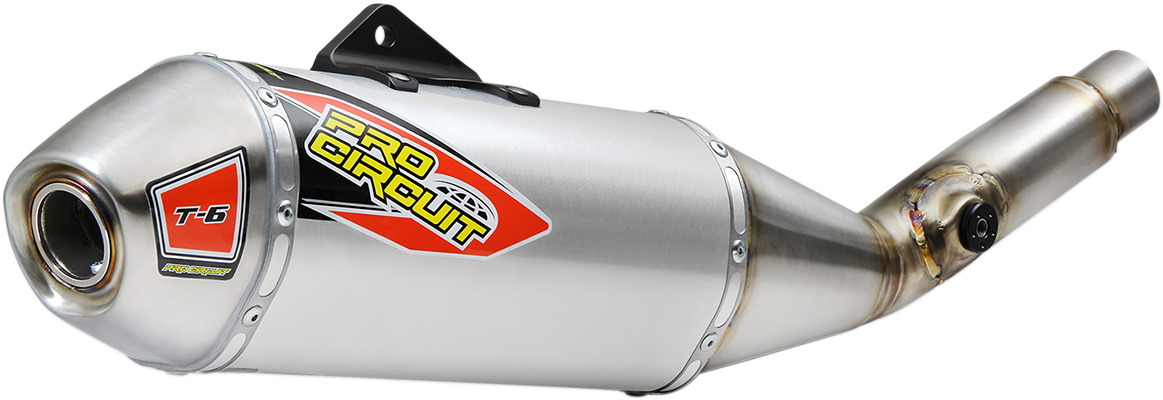 Stainless steel PRO CIRCUIT T-6 muffler slip-on silencer for motorcycle, featuring sleek design and durable construction.