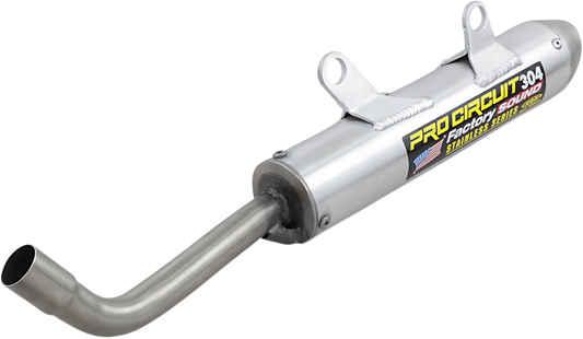 Pro Circuit 304 Silencer motorcycle exhaust system installed on a high-performance motorcycle, showcasing the sleek design and branding