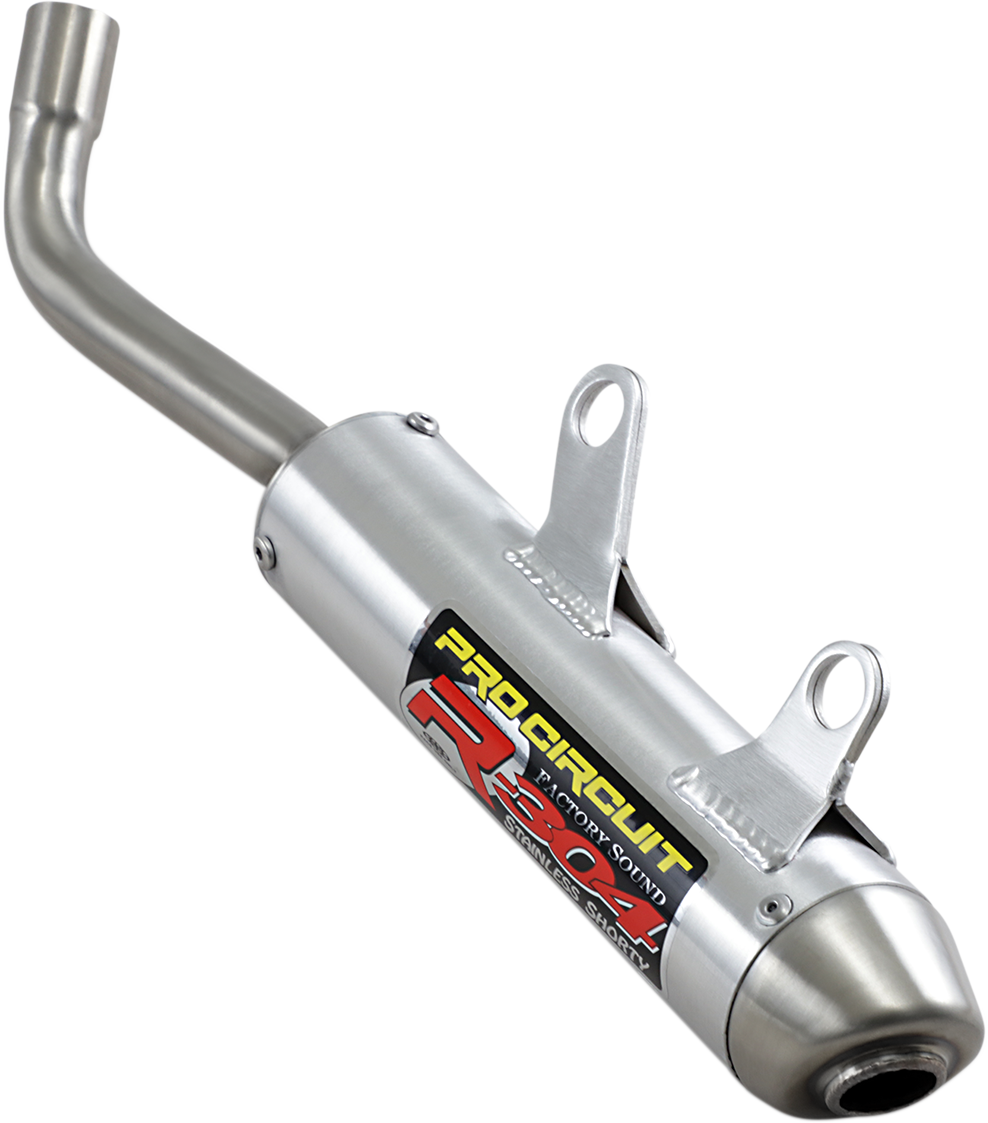 Pro Circuit R-304 two-stroke silencer for closed-course racing, showing the sleek metal design and branding details.