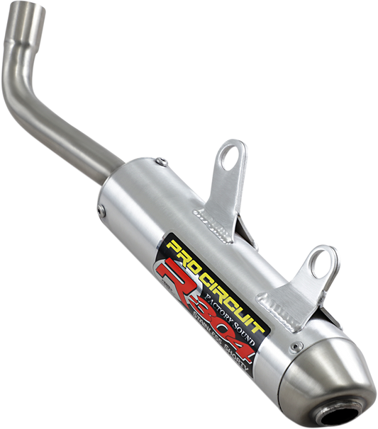 Pro Circuit R-304 two-stroke silencer for closed-course racing, showing the sleek metal design and branding details.