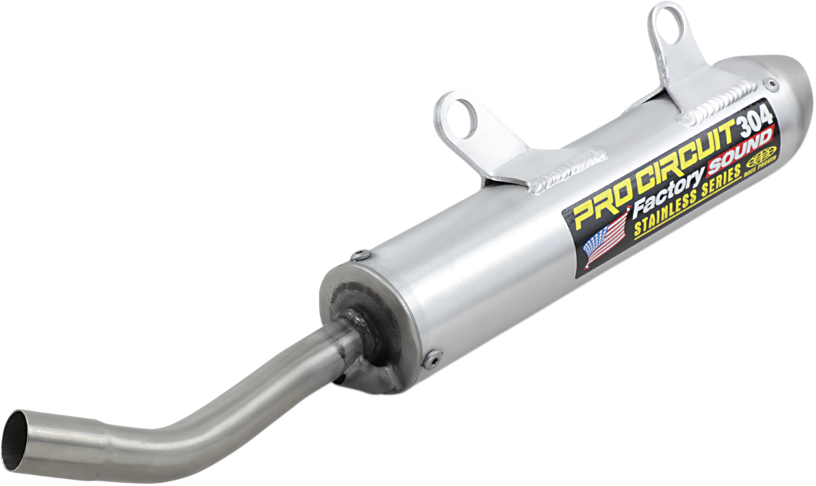 Aluminum PRO CIRCUIT 304 motorcycle exhaust silencer with reduced noise and improved performance, shown on a motorcycle.