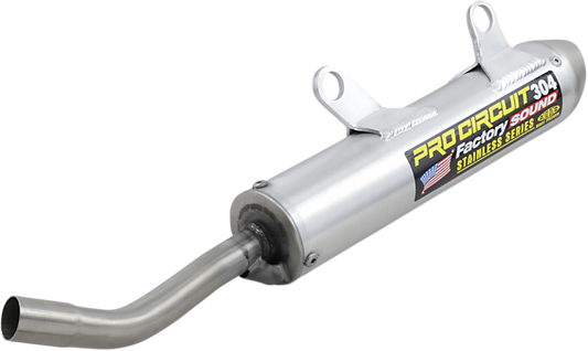 Aluminum PRO CIRCUIT 304 motorcycle exhaust silencer with reduced noise and improved performance, shown on a motorcycle.