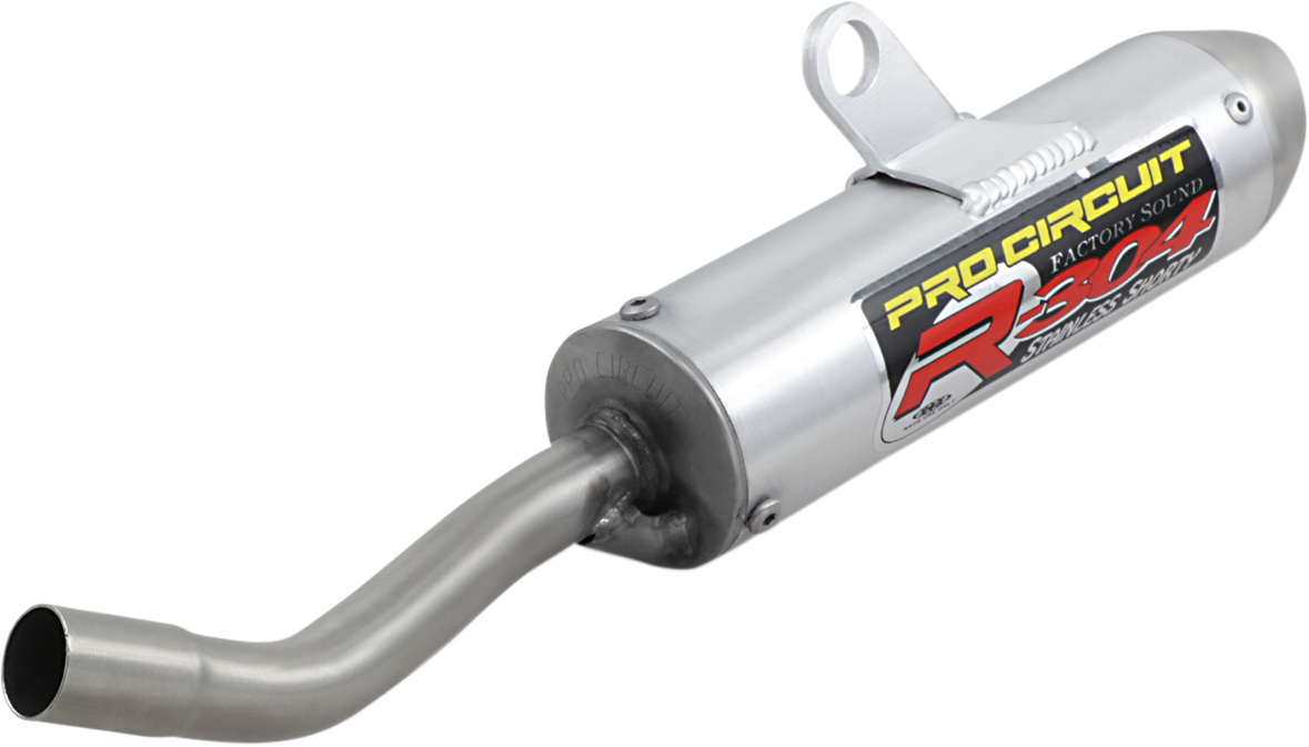 Pro Circuit R-304 two-stroke silencer for closed-course racing, showing the black and silver exhaust with branding details.