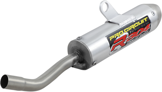 Pro Circuit R-304 two-stroke silencer for closed-course racing, showing the black and silver exhaust with branding details.