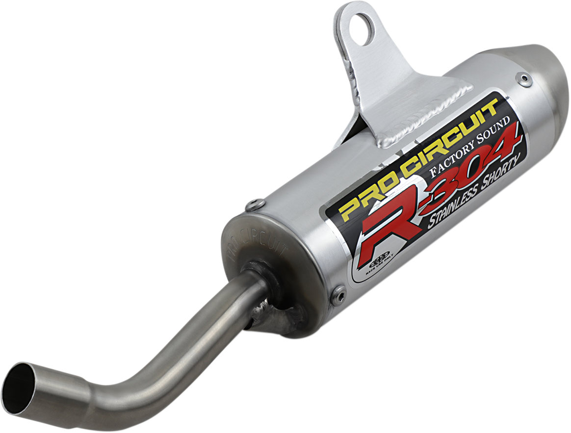 PRO CIRCUIT R-304 two-stroke silencer, compact aluminum race exhaust for off-road and closed-course racing, shown in image.
