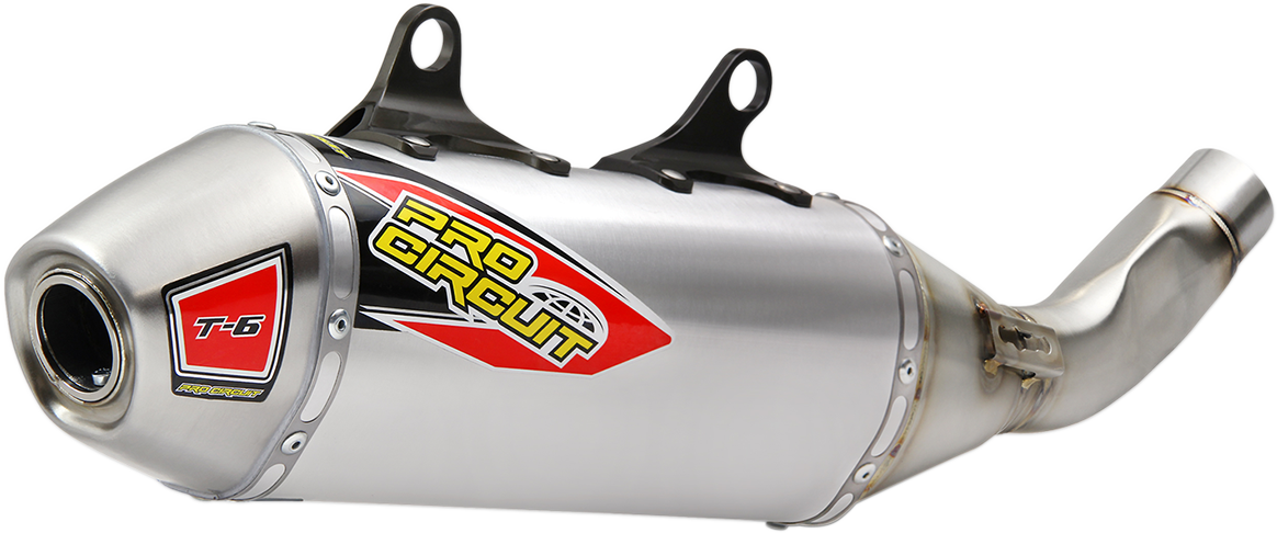 PRO CIRCUIT T-6 stainless slip-on muffler for motorcycles, showcasing the sleek silencer design with branding details.